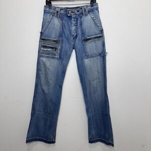 Vtg Y2K Guess Blue Denim Jeans Japanese Style Cargo Pant  Distressed Sz 30x32